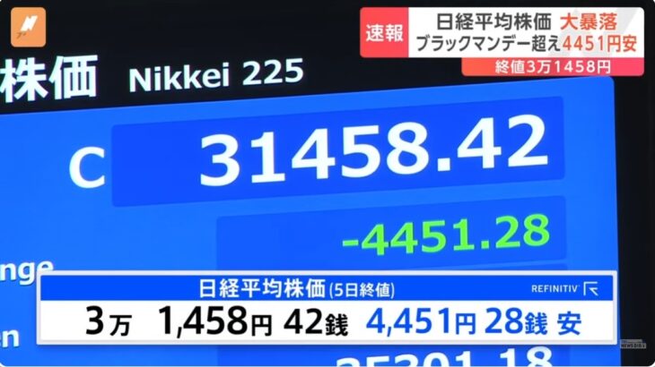 【歴史に語り継がれる日】日経平均が4451円安の伝説的な大暴落に！市場が大パニックに陥りサーキットブレーカーも発動！外国人投資家（ハゲタカ）が大量の空売りを仕掛けた可能性も！