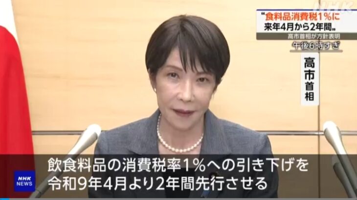 【大混乱必至】高市総理、27年4月から食品消費税を1％に減税することを発表！「2年後には私が責任を持って確実に税率を元に戻す」→ネット「2年もやる気なのか」「その前に日本が滅ぶ」「今すぐにやめろ」